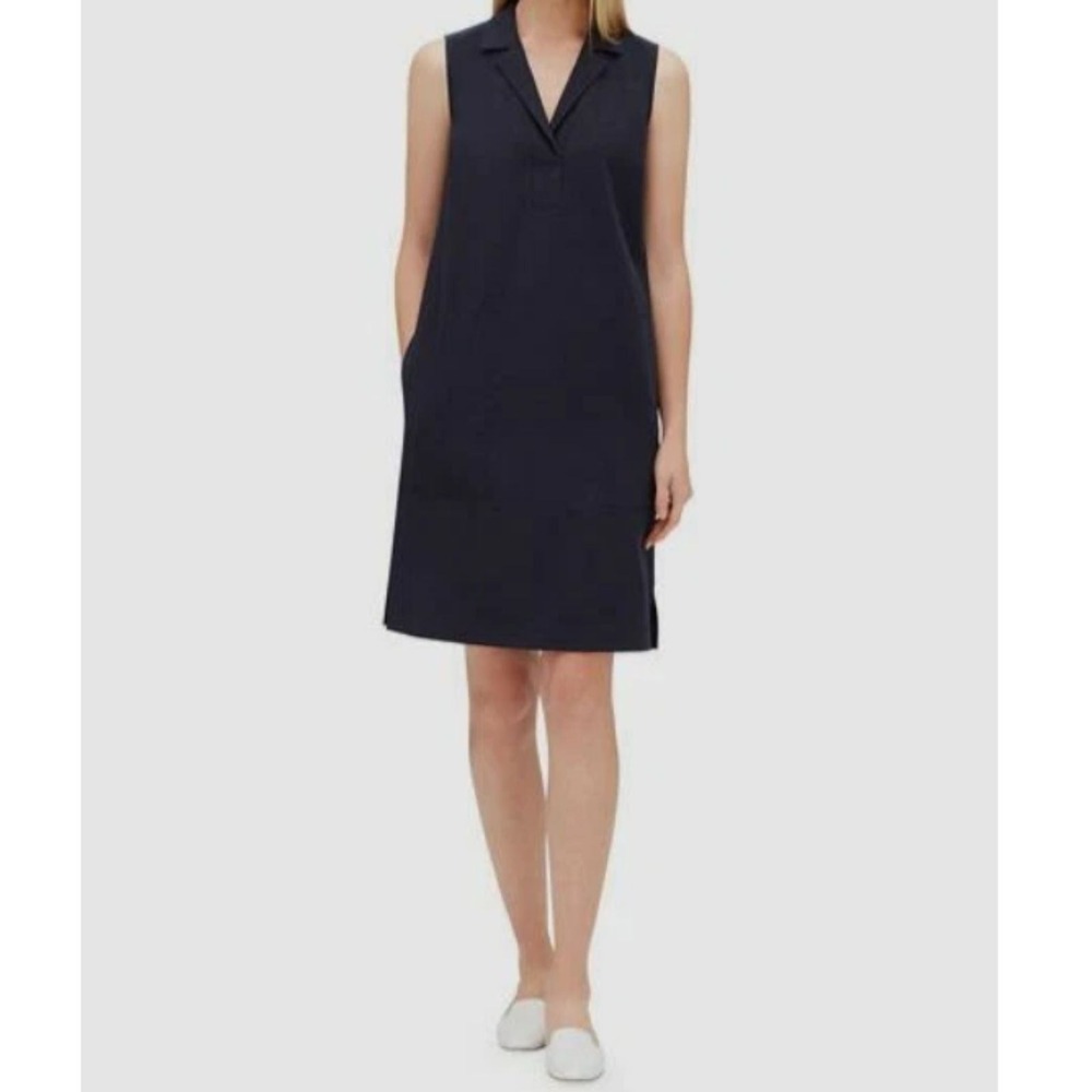 Lafayette 148 Shift Dress Womens 10 Navy Blue Sleeveless Cotton Blend Pockets